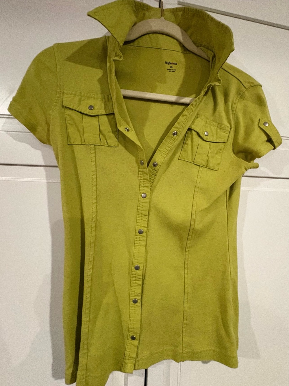 Olive Green Short-Sleeve Button Front Top